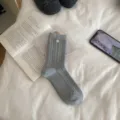 Grey cable knit women mid tube socks with cute shell button Korean style autumn cozy socks - One Size / Light Gray