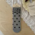 Grey women mid-calf socks with black bow pattern, summer thin stacking socks for daily wear. - Gray with All-over Bow Print