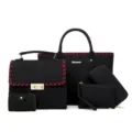 Women black handbag set 5 pieces matte shoulder tote bag with woven red trim daily use - Black