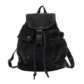 Casual black washed denim backpack for women, stylish and spacious multi-pocket daypack. - Black