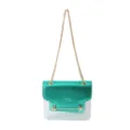 Transparent clear crossbody bag with metallic green flap and gold chain strap for women. - Green