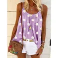 Vista dettagliata del top smanicato viola da donna con stampa margherite e stile estivo. - XS / Top / Rosa