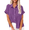 Closeup view of women purple short sleeve linen shirt, casual loose button down blouse detail. - S / Tops / Purple