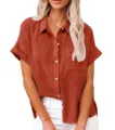 Womens casual solid color linen short sleeve blouse button down loose summer shirt top. - S / Tops / Orange Red
