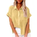 Detail shot of solid color short sleeve linen shirt with lapel and button closure. - S / Tops / Yellow