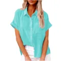 Women casual short sleeve linen shirt solid color button down blouse summer top white pants - S / Tops / Cyan
