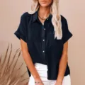 Women's short sleeve linen shirt casual loose solid color button down top detail view. - S / Tops / Navy Blue
