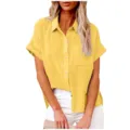 Yellow linen blend short sleeve shirt detail, lapel collar and single-breasted button front. - S / Bright yellow