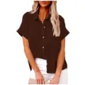 Casual solid color linen short sleeve button down shirt detail view for women summer wear. - S / Brown