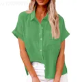 Women casual solid color short sleeve linen shirt, loose button down lapel summer blouse top. - S / Tops / Grass Green