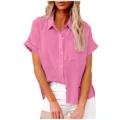 Women Casual Short Sleeve Linen Shirt Solid Color Button Down Loose Summer Blouse - S / Rose Red
