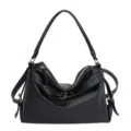 Schwarze Leder Umhängetasche für Damen, Vintage Motorrad Stil Handtasche, lässige Pendlertasche. - Schwarz