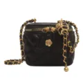 Black quilted leather mini vanity chain shoulder crossbody bag with gold hardware and camellia. - S / Black