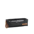 Estuche de lápices tejido de PE negro simple con asa de cuero marrón, organizador grande impermeable. - Negro