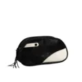 Bolso cosmético de cuero PU negro y blanco con cremallera de borla para viajes y maquillaje - Negro