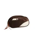 Bolsa de cosméticos de cuero PU marrón y blanco con cremallera de borla para viaje. - Marrón