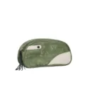 Green PU leather cosmetic bag with chic beige color block, tassel zipper, travel makeup pouch. - Dark Green
