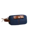 Klassische blaue Jeans Kosmetiktasche mit braunem Lederbesatz und praktischem Griff. - Dunkelblau