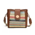 Borsa a secchiello tessuta da donna con bordo in pelle PU marrone, motivo colorato e tracolla. - Marrone