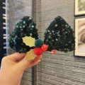 Kids Christmas green sequin bow hair clip with gold holly leaves and pom pom decorations for girls. - Dark Green Hair Clip