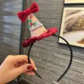 Christmas velvet bow headband with plaid mini hat and metal charm for holiday party. - Santa Hat Headband / Red