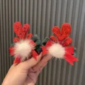 Kids Christmas deer antler hair clips with green plaid bow and white plush pom poms. - Brick Red