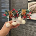 Christmas cute hair clips with red green ribbons bows reindeer pearls and plush balls - Gold Reindeer Hair Clip / 2 Pcs/Set / Gold
