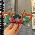 Christmas reindeer hair clip kids cute holiday antler hairpin with bells festive hair accessories - Pair Clip / Burgundy