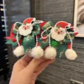 Christmas hair bow clip, red and green ribbon Santa Claus pearl plush ball variant item. - Santa Claus Hair Clip / 2 Pcs/Set / Olive Green