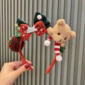 Christmas plush bow headband, cute red and green plaid hair hoop with bear variant - Plaid Bow Bear Headband (T3-4) / Dark Brown