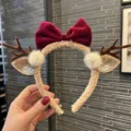 Christmas reindeer antler headband for women with red velvet bow fluffy plush ears holiday hair acc - Burgundy (Antler Bow Style)
