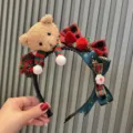 Christmas plush teddy bear hair hoop with red plaid bow and festive green ribbon design. - Plush Bear Headband (T3-4) / Tan