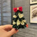 Christmas tree velvet hair clip red bow green festive hair accessory for kids and women. - Christmas Tree Hair Clip / 5CM Diameter / Verdant