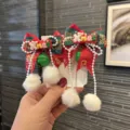Christmas hair clips red green bow plush ball pearl chain festive kids hair accessories - Bow Bell Hair Clips / 2 Pcs/Set / Dark Green