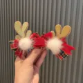 Christmas deer antler hair clip with red plaid bow and fluffy pom-pom for cute kids hair accessories - Gold