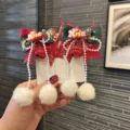 Christmas children hair clips red green bow ribbons pearls bells plush balls cute. - Bow Red Bell Hair Clip / 2 Pcs/Set / Sea Green