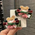 Retro Christmas bear hair clips set with soft velvet bows and cute embroidery for kids. - Peacock Green Pair Clips