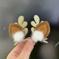 Christmas reindeer antler hair clips with cute fluffy pom pom ears for kids girls holiday party. - Apricot