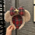 Cute Christmas Red Plaid Bow Plush Mouse Ears Headband With Star Winter Hair Accessories - Dark Brown