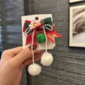Christmas hair bow clip with jingle bell and pom pom, festive cute hair accessory for kids - Bow Green Bell Hair Clip / 1 Piece / Verdant