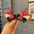 Christmas reindeer antler hair clip with green velvet bow and red berries for kids. - Pair Clip / Dark Red
