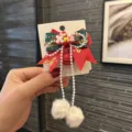 Christmas children hair clip red green ribbon bow pearl bell cute holiday hair accessories - Bow Red Bell Hair Clip / 1 Piece / Red