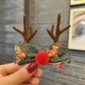 Christmas Reindeer Antlers Plaid Bow Hair Clip Cute Teddy Bear Hair Barrettes for Kids - Top Clip / Olive Green