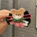 Christmas bow hair clip with cute embroidered bear, plush ball and velvet ribbon design. - Single Clip / Clip Diameter 5cm / Peacock Green Hair Clip B1-7