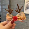 Christmas reindeer antler hair clip with plaid bow and red pom-pom for kids cute hair accessories - Hair Clip / Rose Gold