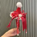 Christmas red mini Santa hat headband with snowflake ribbons and white lace for festive party wear. - Scarlet