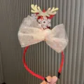 Christmas red deer antler headband with mesh bow and glitter snowflake for girls holiday party photo. - Dark Red