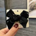 Black velvet bow hair clip with silver stars, cute star hair accessory for girls and kids. - Black Small