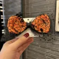 Halloween black bow hair clip with orange spiderweb mesh for girls party costume accessories - Orange