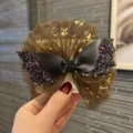 Halloween black glitter bat wing bow hair clip with gold star tulle mesh for kids party. - Wheat